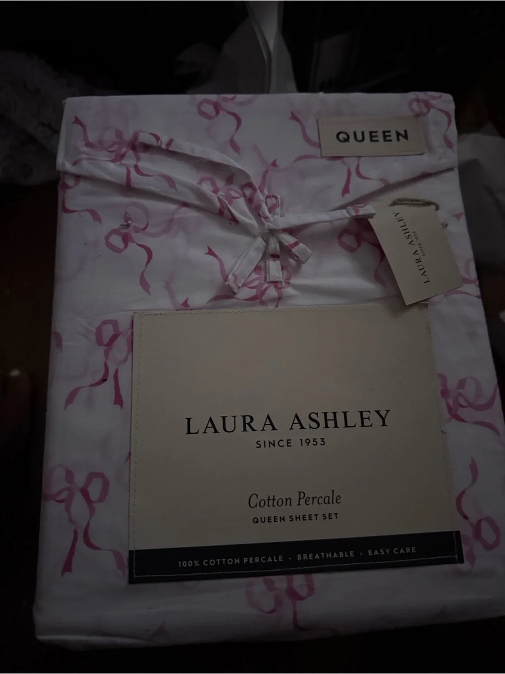 Laura Ashley Cotton Percale Sheet Set in Pink Ribbon Motif